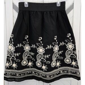Studio West Black A-Line Skirt with Cream Floral Embroidery